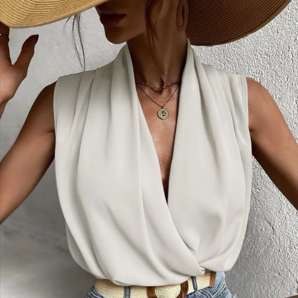 Luxe elegant overlap wrap sleeveless blouse